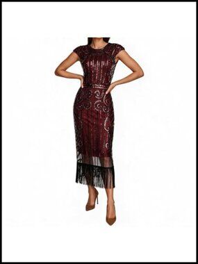 Sequin Fringe Flapper Dress Cowl Neck Cap Sleeve Backless Midi Gatsby Party